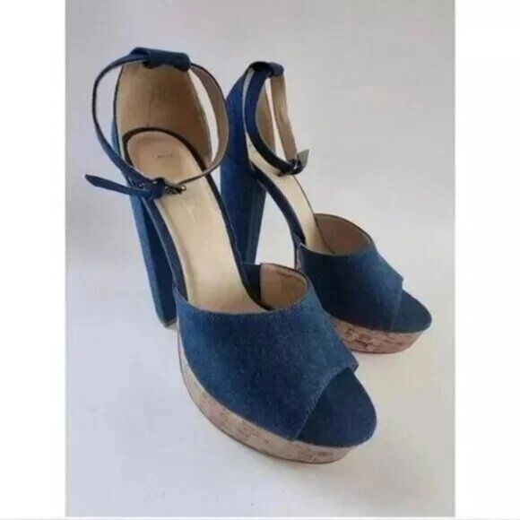 Nicole Miller Samantha Blue Denim Ankle Strap Open Toe Platform Shoes Size 9 - Picture 1 of 6